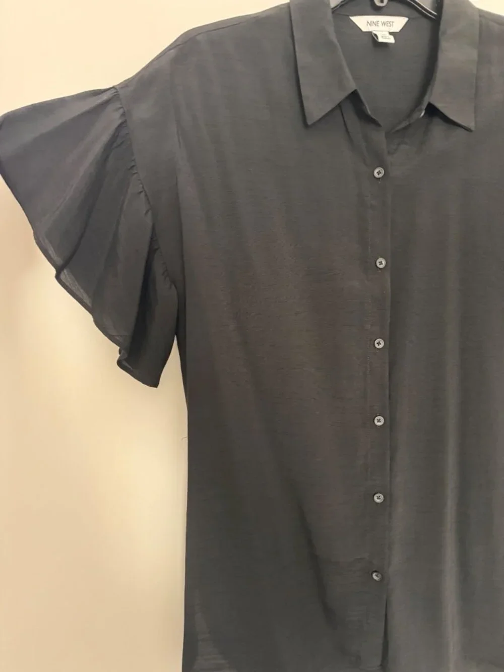 Nine West Women Black Button-Down With Ruffle Sleeves Blouse Size M